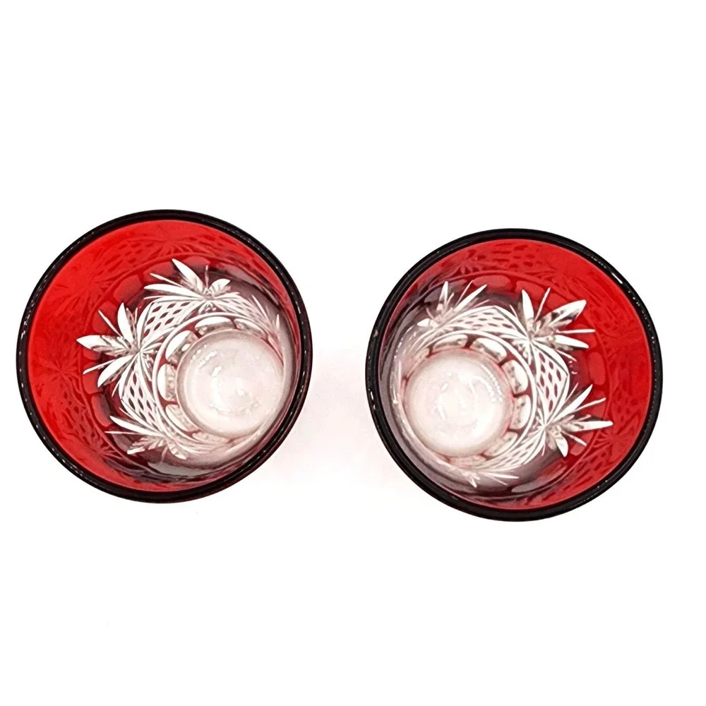 Vintage Bohemian Ruby Red Cut to Clear Crystal Tumbler Highball Glasses Pair